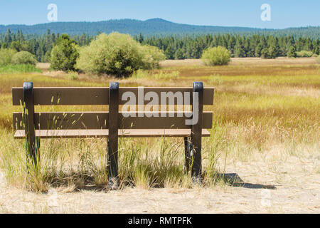 Mountain meadow avec banquette vide, les montagnes bleues, l'herbe d'or Banque D'Images