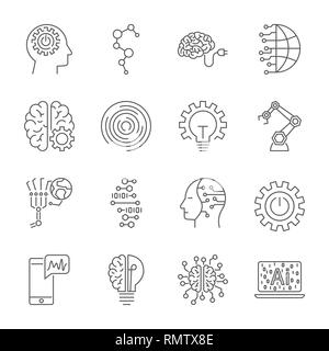 Simple Jeu d'Intelligence Artificielle liée ligne vectorielle d'icônes. Contient des icônes telles que la reconnaissance faciale, algorithme, l'auto-apprentissage et de plus. Modifiable Illustration de Vecteur