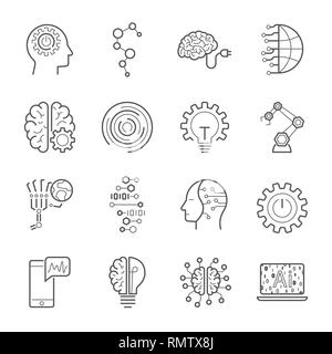 Simple Jeu d'Intelligence Artificielle liée ligne vectorielle d'icônes. Contient des icônes telles que la reconnaissance faciale, algorithme, l'auto-apprentissage et de plus. Modifiable Illustration de Vecteur