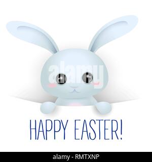 Bleu mignon petit lapin de Pâques dans une poche avec Happy Easter greeting sur fond blanc Illustration de Vecteur