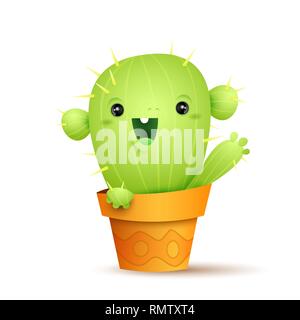 Mignon petit personnage cactus vert agitant la main dans un pot orange sur fond blanc Illustration de Vecteur