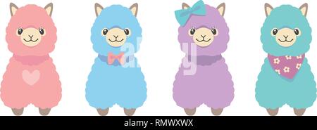 Lama ensemble de quatre différentes couleurs pastels douces illustrations vecteur animal alpaga Illustration de Vecteur