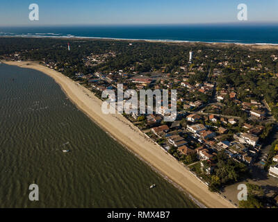 Vue aérienne, village de pêcheurs et la plage Mimbeau, Cap Ferret, du bassin d'Arcachon, Gironde, Lege Cap Feret Banque D'Images