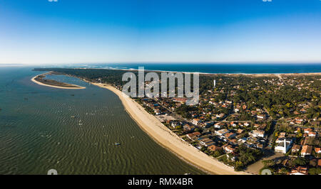 Vue aérienne, village de pêcheurs et la plage Mimbeau, Cap Ferret, du bassin d'Arcachon, Gironde, Lege Cap Feret Banque D'Images