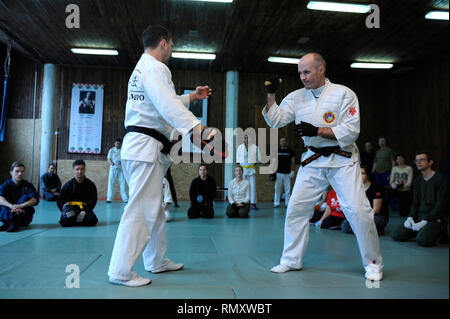 Le Nippon kempo les instructeurs enseignant de se protéger à l'aide de moyens improvisés : position. Séminaire d'autoprotection. Le 6 février 2019. Kiev, Ukraine Banque D'Images