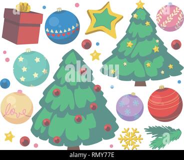 Collection Noël vector cute cartoon avec arbres, cadeau, étoile, flocon de neige et d'arbres de Noël Illustration de Vecteur