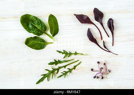 Detox de printemps mélange Salade de roquette, betterave, épinard et pousses sur un parquet en bois sur fond blanc, vue du dessus. Banque D'Images