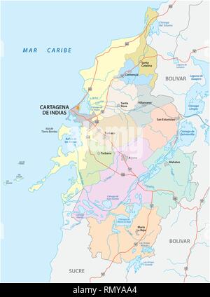 Administratif, politique et de routes carte vectorielle de la zone métropolitaine de Cartagena de Indias, Colombie Illustration de Vecteur