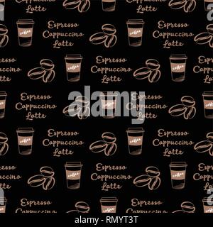 Modèle transparent avec des grains de café, la tasse de café et du texte sur fond noir Illustration de Vecteur