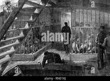 Les prisonniers en cage dans un navire de transport sur le chemin de l'Australie, 19e siècle. Entre 1788 et 1868, environ 162 000 condamnés ont été transportés de la Grande-Bretagne pour diverses colonies pénitentiaires en Australie. Banque D'Images