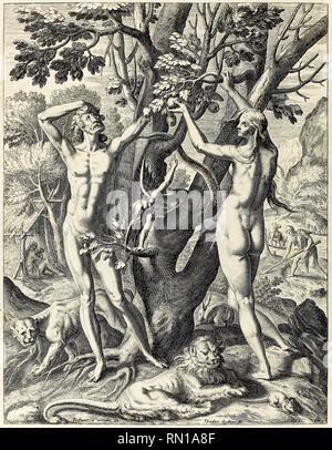 'Adam et Eve dans le jardin d'Eden' gravure de Théodore de Bry (1528-1598). Banque D'Images