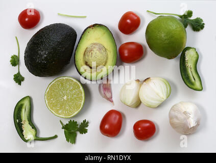 Guacamole ingrédients dans un vivent encore photo. La photo comprend des avocat, coriandre, tomates, citron vert, piment jalapeno, l'oignon et l'ail des gants. Délicieux ! Banque D'Images