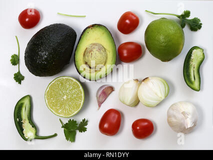 Guacamole ingrédients dans un vivent encore photo. La photo comprend des avocat, coriandre, tomates, citron vert, piment jalapeno, l'oignon et l'ail des gants. Délicieux ! Banque D'Images