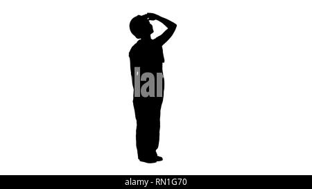 Ingénieur construction worker silhouette à la femme jusqu'à un bâtiment ou d'un graphique statistique ou rire dans l'extrémité. Banque D'Images