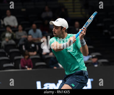 Heampstead, United States. Feb 15, 2019. La Jordanie Thompson de l'Australie revient au cours de balle contre John Isner match quart de USA à l'ATP 250 New York Open 2019 Tournoi de tennis à Nassau Coliseum, Isner a remporté match Crédit : Lev Radin/Pacific Press/Alamy Live News Banque D'Images