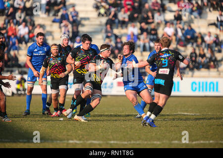 Viadana, Italie. 16 Février, 2019. Zebre's flanker Giovanni Licata tente de garder le ballon lors du match contre le Leinster en PRO14 2018 Guinness 2019©Massimiliano Carnabuci/Alamy live news Crédit : Massimiliano Carnabuci/Alamy Live News Banque D'Images