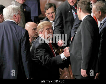 Washington DC, USA. 5 février 2019. Le Président des Etats-Unis, Donald J. Trump, serre la main avec les membres du Congrès qu'il quitte après avoir prononcé son deuxième rapport annuel sur l'état de l'Union à une session conjointe du Congrès américain dans le Capitole à Washington, DC le mardi 5 février 2019. Crédit : Alex Edelman/CNP | conditions dans le monde entier : dpa Crédit photo alliance/Alamy Live News Banque D'Images