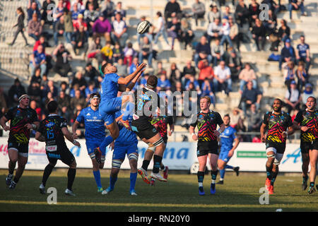 Viadana, Italie. 16 février , 2019. L'aile de Leinster Adam Byrne prend le kick off lors du match contre le Zèbre en PRO14 2018 Guinness 2019©Massimiliano Carnabuci/Alamy live news Banque D'Images