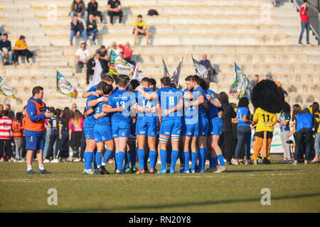 Viadana, Italie. 16 février , 2019. Les joueurs de Leinster se mettre en cercle avant le match contre l'Zèbre en PRO14 2018 Guinness 2019©Massimiliano Carnabuci/Alamy live news Banque D'Images