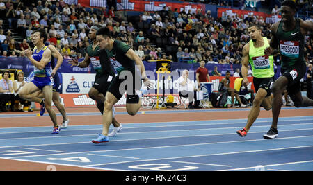 Birmingham, UK. 16 Février, 2019. La Chine a su Bingtian (C) participe à la finale hommes 60m à l'intérieur de l'IAAF Grand Prix à Birmingham, Grande-Bretagne, le 16 février 2019. Credit : Han Yan/Xinhua/Alamy Live News Banque D'Images