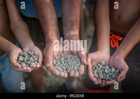 PASTINA, Pise, Italie - 10 août 2018 : mains montrent le sol pour la production de vin dans la vallée entre l'ancien village de la province de Pi Banque D'Images