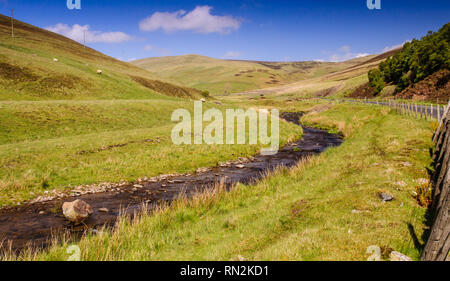 Le Leithin l'eau serpente à travers le paysage vallonné des collines près de Inverleithin Moorfoot en Ecosse de hautes terres du Sud. Banque D'Images