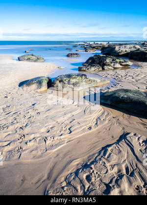 Les petits cours d'eau et les roches de créer des motifs dans les sables de plage à Tynemouth Longsands. Banque D'Images