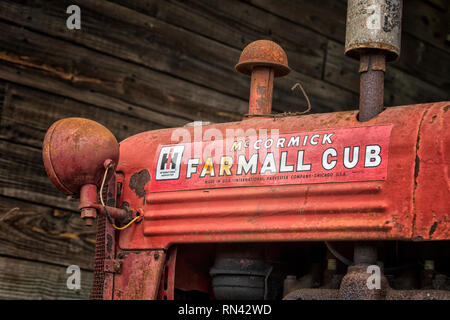 Vintage international harvester Farmall Cub McCormick. L'image est du quadrant supérieur gauche du tracteur. Banque D'Images