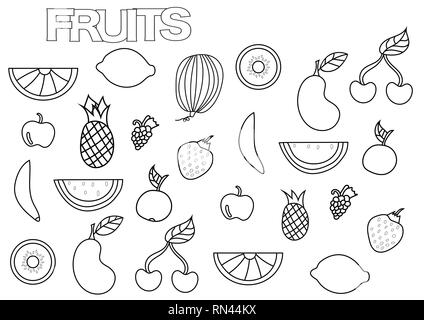 Les fruits à la main. Modèle de page de livre de coloriage. Doodle contour vector illustration. Illustration de Vecteur