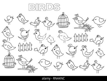 Les oiseaux à la main. Modèle de page de livre de coloriage. Doodle contour vector illustration. Illustration de Vecteur