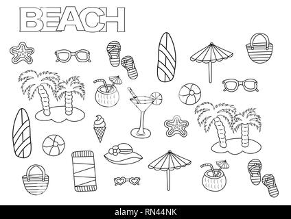 Jeu de plage à la main. Modèle de page de livre de coloriage. Doodle contour vector illustration. Illustration de Vecteur