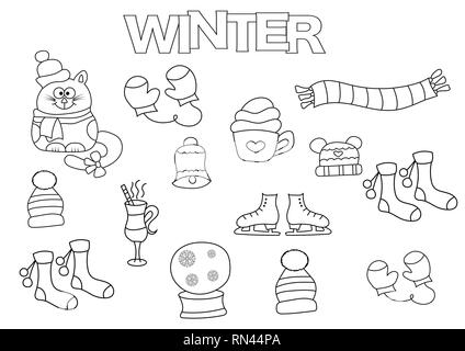 Jeu hiver dessiné à la main. Modèle de livre de coloriage. Décrire les éléments doodle vector illustration. Page de jeu pour les enfants. Illustration de Vecteur