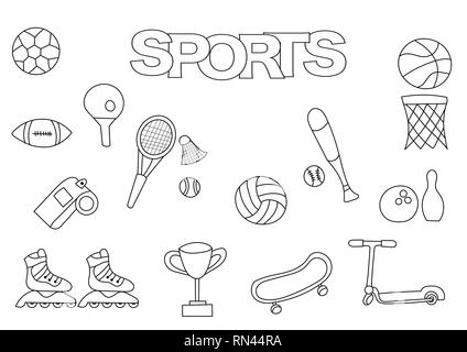 Jeu de sport à la main. Modèle de livre de coloriage. Décrire les éléments doodle vector illustration. Page de jeu pour les enfants. Illustration de Vecteur