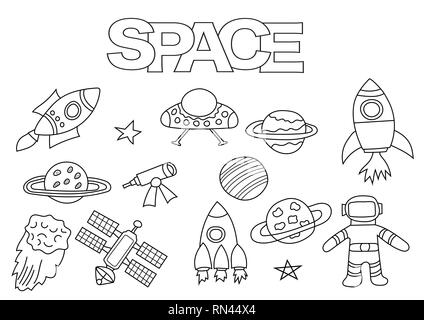 Les éléments d'espace jeu dessiné à la main. Modèle de livre de coloriage. Décrire les éléments doodle vector illustration. Page de jeu pour les enfants. Illustration de Vecteur