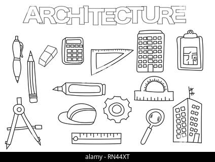 Éléments d'architecture mis à la main. Modèle de livre de coloriage. Décrire les éléments doodle vector illustration. Page de jeu pour les enfants. Illustration de Vecteur