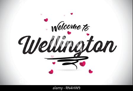 Mot de bienvenue de Wellington avec texte et police manuscrite Conception de forme coeur rose Vector Illustration. Illustration de Vecteur