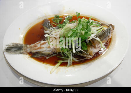 Morue de roche entière cuite à la vapeur dans une sauce soja avec oignons verts au Sun Sui Wah Seafood Restaurant, Vancouver, Colombie-Britannique, Canada Banque D'Images