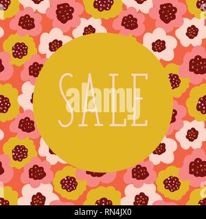 Vente poster vector modèle avec fond floral coloré. Le cercle d'or, corail, beige, rose motif fleurs doodle scandinaves. Bannière carrée. Bon, flyers, invitation, coupon, publicité Illustration de Vecteur