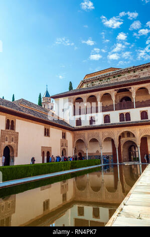 Début de la lumière du matin sur le Patio de los Arrayanes, la Cour des Myrtes, à l'Alhambra, un complexe de palais mauresque du 13ème siècle à Grenade, en Espagne. Bui Banque D'Images