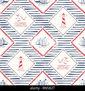 Hand-Drawn Résumé des cadres avec des cordages de bateau, Phare, mouettes Paysages et transparente. motif rayures Vector Fond marin bleu et rouge. Mer, Ocea Illustration de Vecteur
