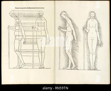 Avec le personnel féminin, gravure sur bois de 'Hierinn anatomiques begriffen sind vier bücher von menschlicher Proportion' par Albrecht Durer (1471-1528) un travail au sujet de la proportion du corps humain d'abord publié en 1528. Banque D'Images