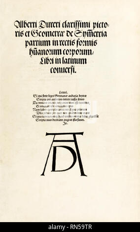 “Hierinn sind begriffen vier Bücher von menschlicher proportion” [quatre livres sur les proportions humaines] page titre gravure sur bois représentant le monogramme de Dürer de l’artiste allemand Albrecht Dürer (1471-1528), traité fondateur sur l’anatomie et la géométrie humaines. Photographie de l'original pour 1528 première édition. Crédit : Collection privée / AF Fotografie Banque D'Images