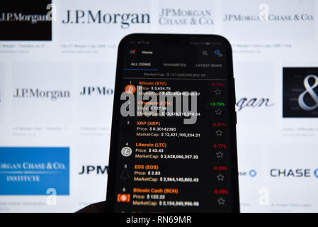 La Pologne. Feb 17, 2019. Les valeurs de marché sont monnaies Crypto vu sur un téléphone mobile Android avec JP Morgan logos sur l'arrière-plan. Credit : Omar Marques/SOPA Images/ZUMA/Alamy Fil Live News Banque D'Images