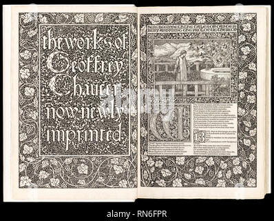 "Les Œuvres de Geoffrey Chaucer maintenant imprimé nouvellement' par Geoffrey Chaucer (1343-1400) avec des gravures sur bois par Edward Burne-Jones (1833-1898) et imprimé sur papier fait main Batchelor, publié par la Kelmscott Press en 1896. Banque D'Images