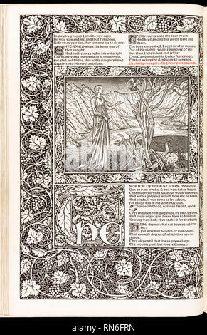 "Les Œuvres de Geoffrey Chaucer maintenant imprimé nouvellement' par Geoffrey Chaucer (1343-1400) avec des gravures sur bois par Edward Burne-Jones (1833-1898) et imprimé sur papier fait main Batchelor, publié par la Kelmscott Press en 1896. Banque D'Images