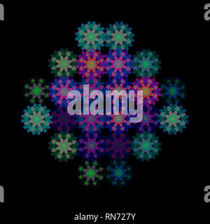 Fine art floral et de décoration de couleur géométriques motif / mandala fabriqué à partir de macros tulipes rouge rose vert sur fond noir dans la peinture moderne Banque D'Images