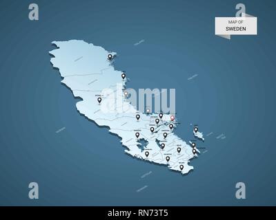 3D isométrique Suède map, vector illustration avec les villes, les frontières, les capitaux, les divisions administratives et marques ; pointeur fond bleu dégradé. Co Illustration de Vecteur