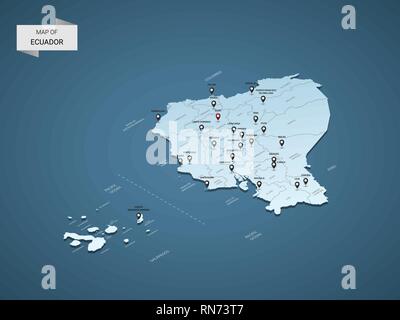 3D isométrique Equateur map, vector illustration avec les villes, les frontières, les capitaux, les divisions administratives et marques ; pointeur fond bleu dégradé. C Illustration de Vecteur