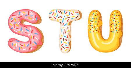 La région de givrage Donut - ces derniers S, T, U. font de donuts. Sweet boulangerie alphabet. Ces derniers l'alphabet Donut A B C isolé sur fond blanc Illustration de Vecteur