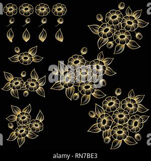 Contours d'or bouquetes fleurs marguerites avec isolé sur fond noir Illustration de Vecteur